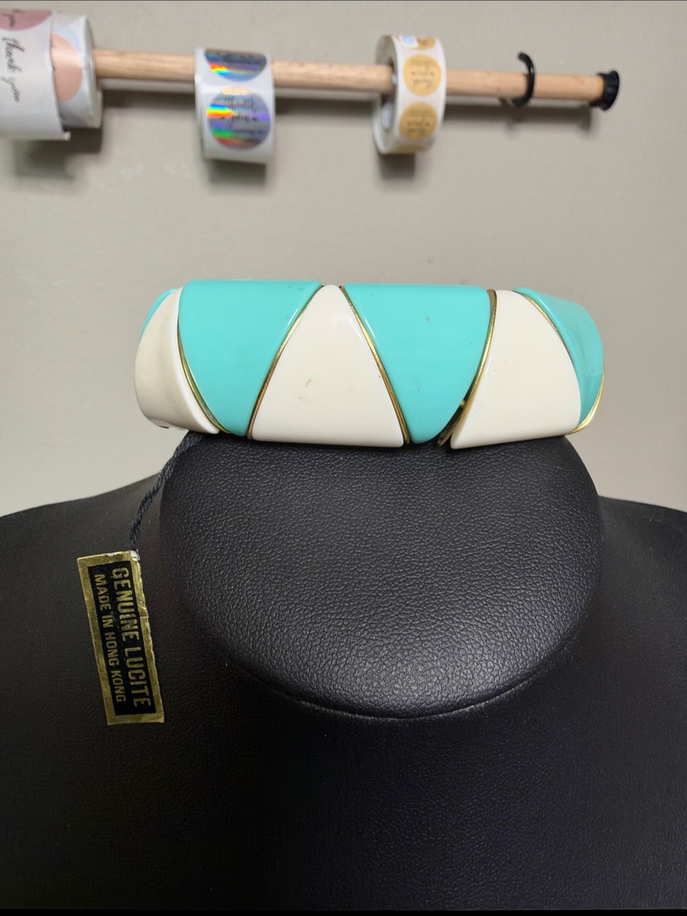 VTG Genuine Lucite New Old Stock Turquoise & Cream Statement Stretch Bracelet